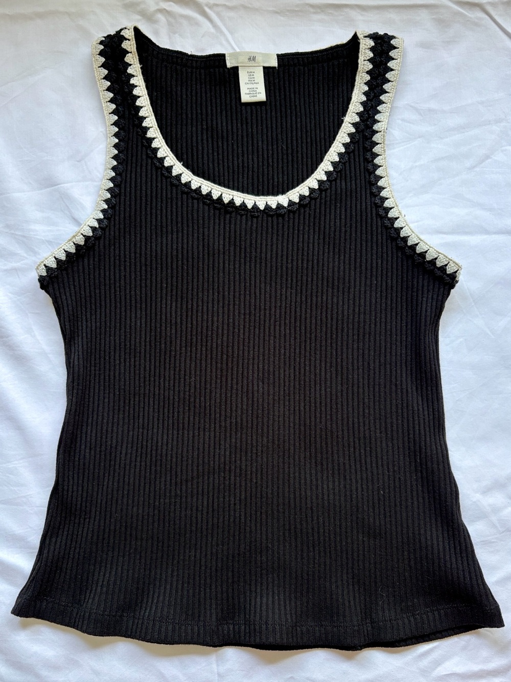 H&M Black Ribbed Tank with White Crochet Trim